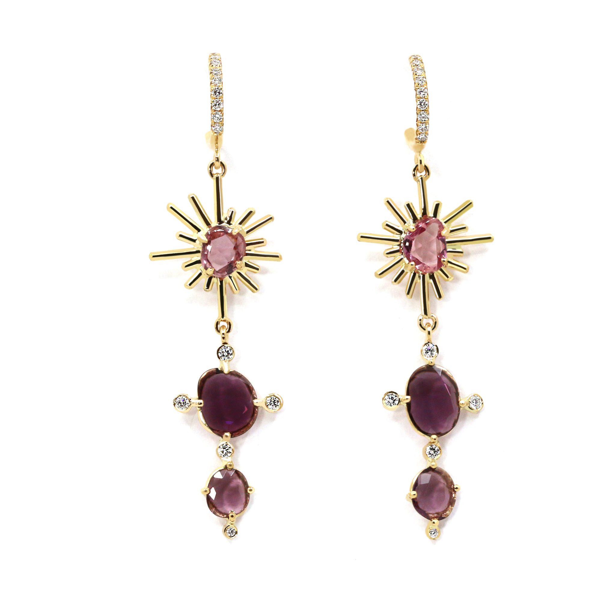 Boucles d'oreilles Soleil Pourpre et saphirs et spinelles