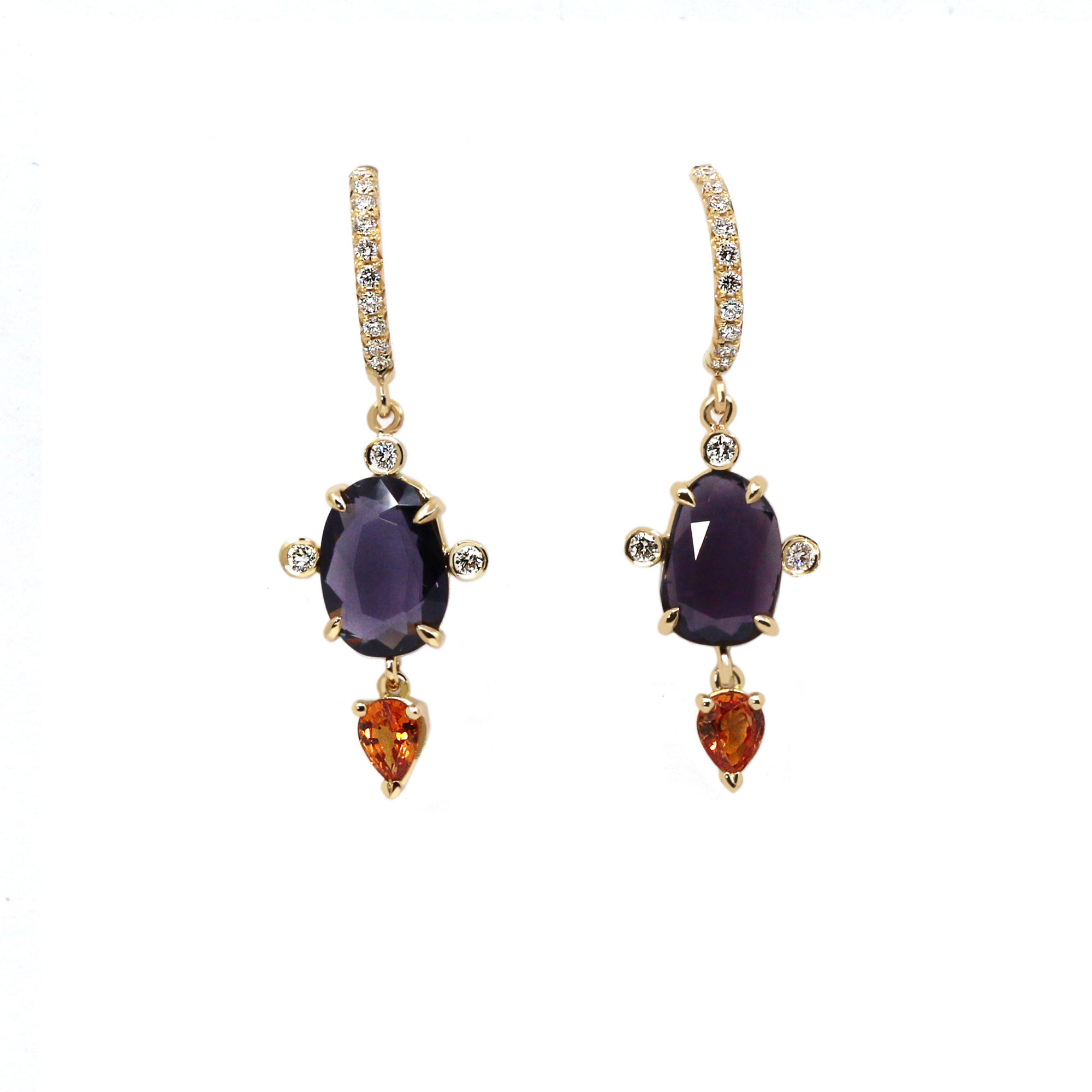 Boucles Spinelles bleu violet, goutte grenat orange et diamants